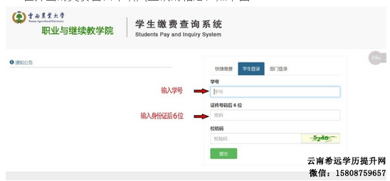 云南农业大学成人高考学生线上缴纳学费流程1